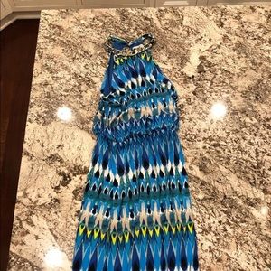 Blue Printed Maxi Dress with Gold Neckline